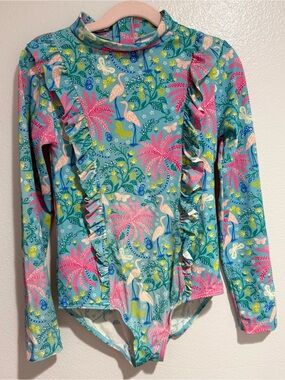 Boden Girls' Long-Sleeve Rashguard Swimsuit - Blue, Pink, Green